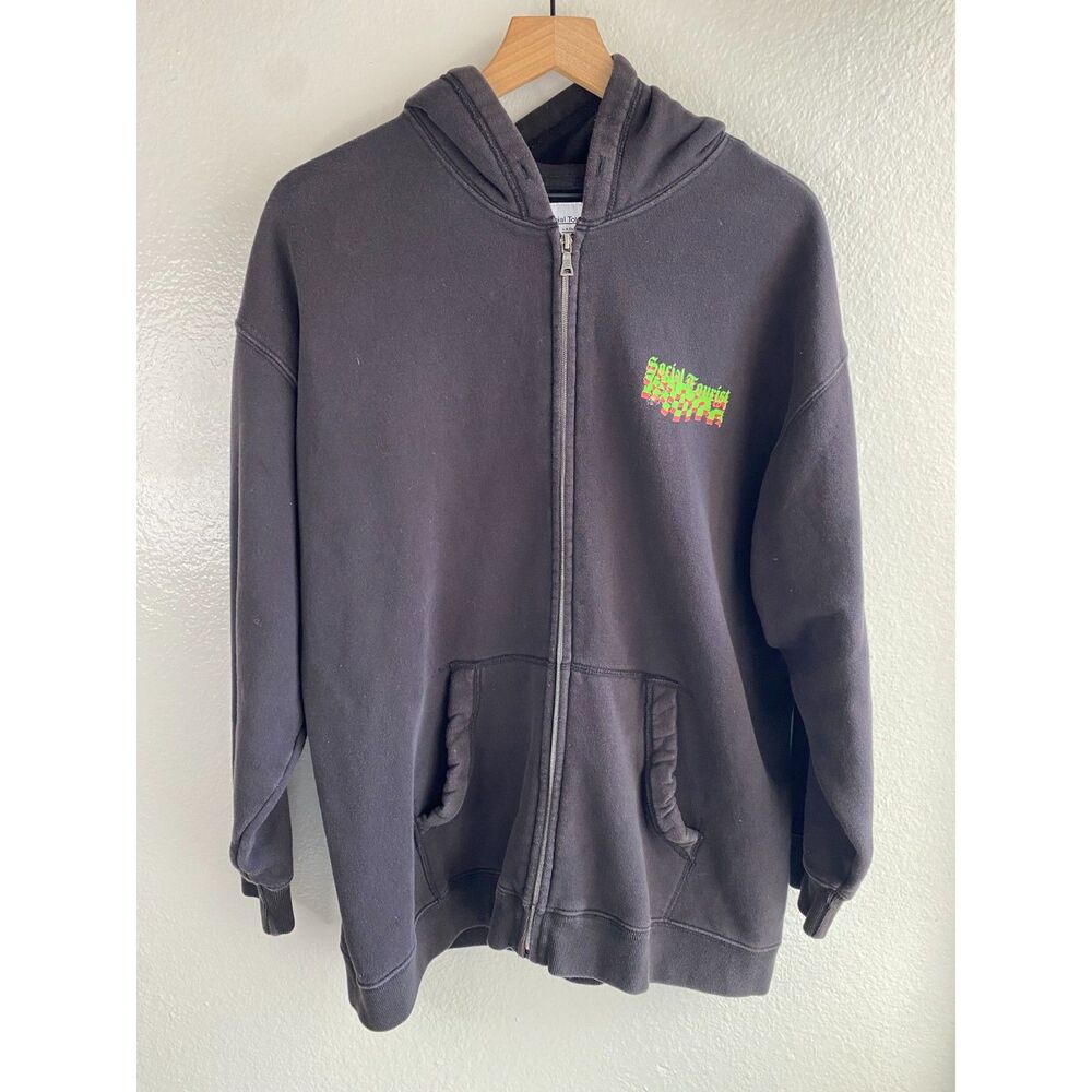 Social Tourist Mens Large Faded Black Graphic Full Zip Hoodie Y2K Streetwear